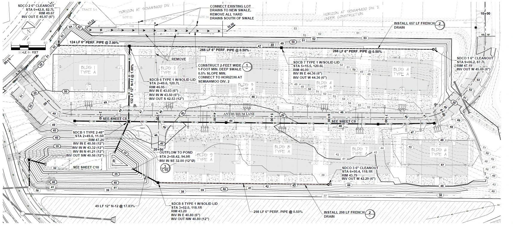 Storm drainage plan: catch basins along Anthurium Lane, French drains on the north and south edges and the pond outflow