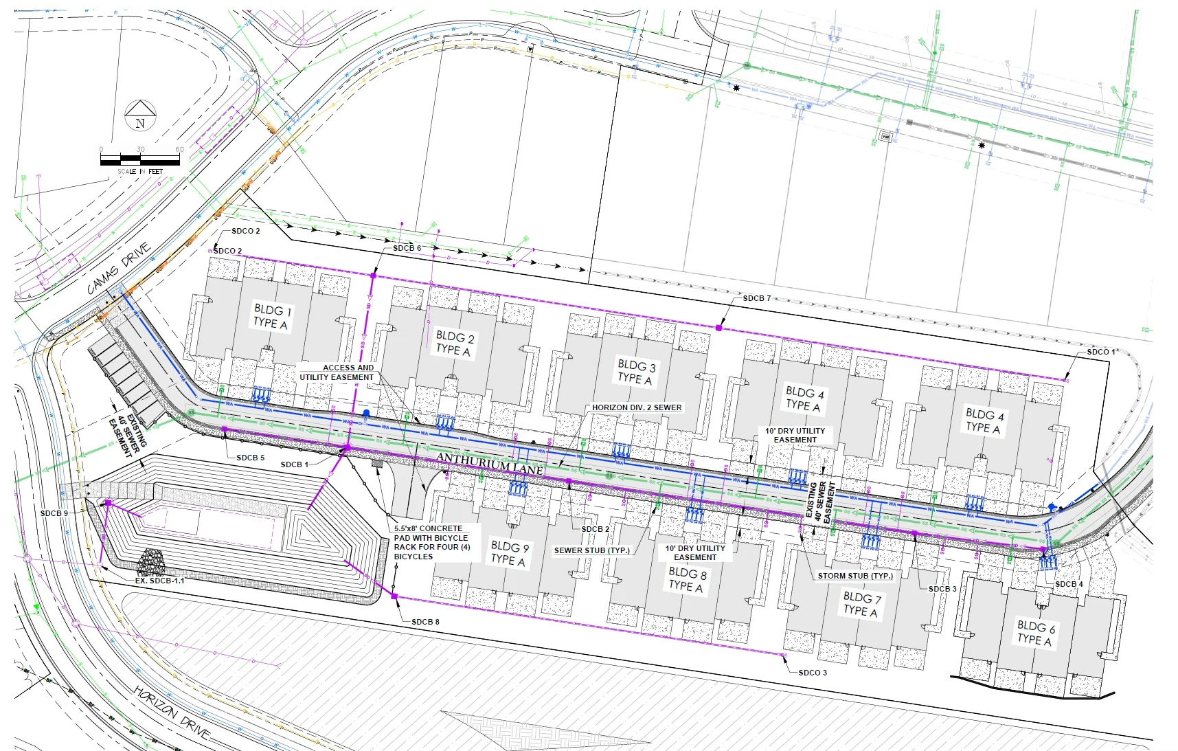 Site and utility plan: nine Type A buildings along Anthurium Lane with easements, water, sewer and storm lines