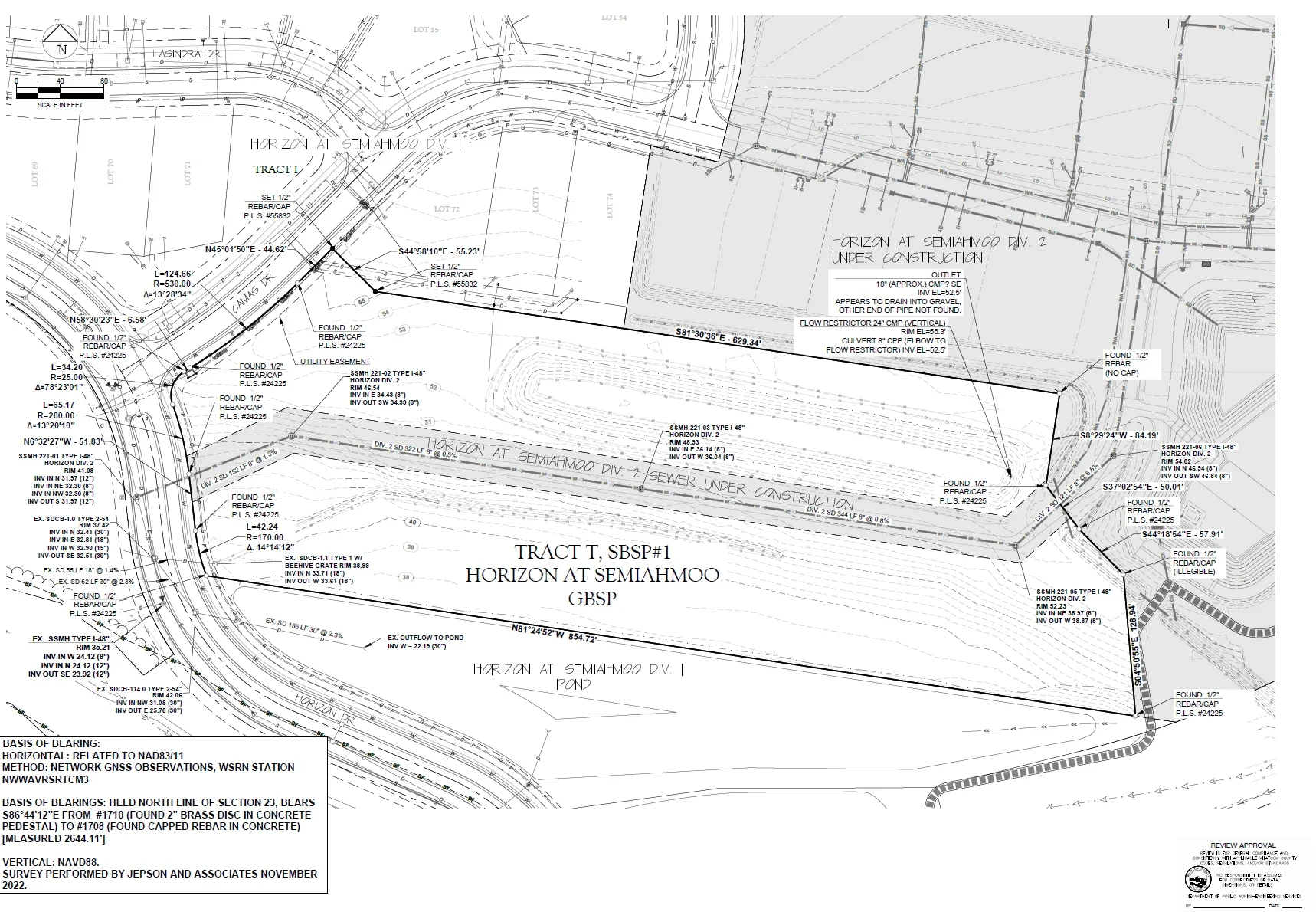 Boundary and existing conditions survey of Tract T with bearings, monuments and the neighboring Horizon divisions
