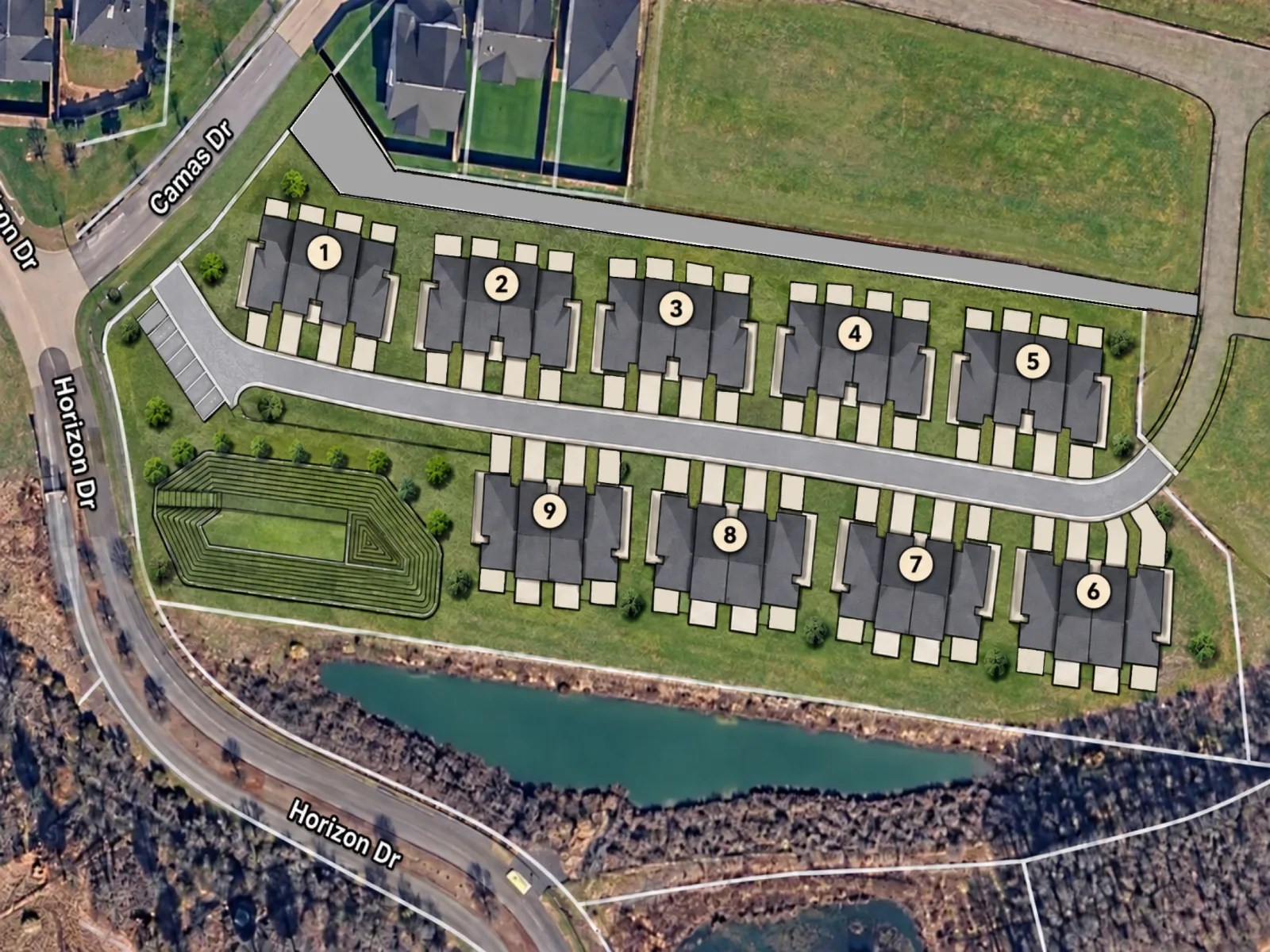 Aerial rendering of the Tract T site: nine townhome buildings along Anthurium Lane with a pond at the west end